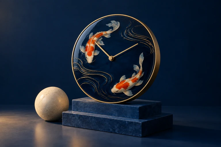Artisan campaign: a sculptural blue and gold koi timepiece