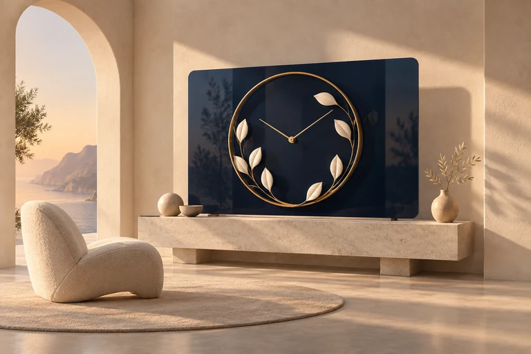 Campaign illustration of a botanical clock in a warm architectural living room — campaign illustration